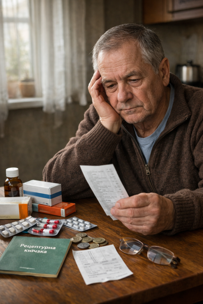 Възрастен човек с лекарства и касова бележка на масата – символ на разходите за лечение в България през 2026 г.