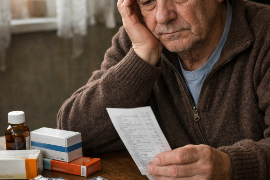 Възрастен човек с лекарства и касова бележка на масата – символ на разходите за лечение в България през 2026 г.